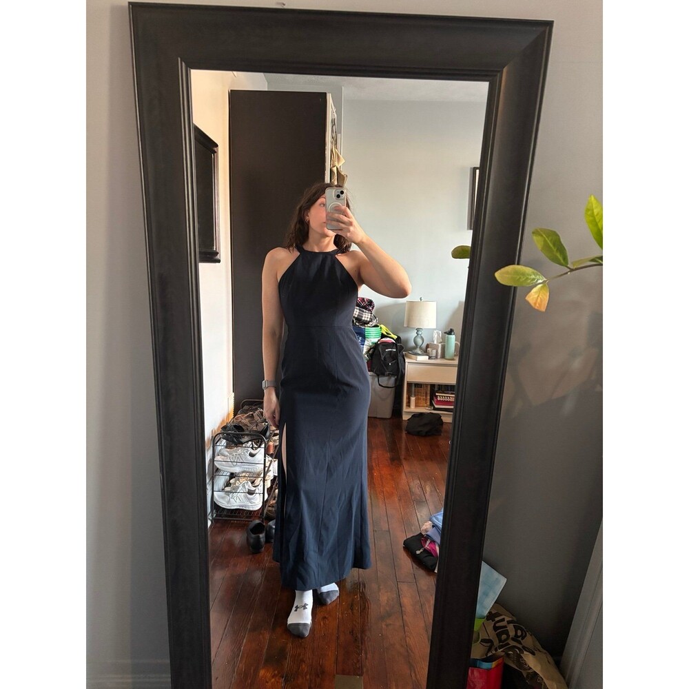 Dessy Collection Midnight Blue Halter Dress Criss Cross Back Maxi Dress